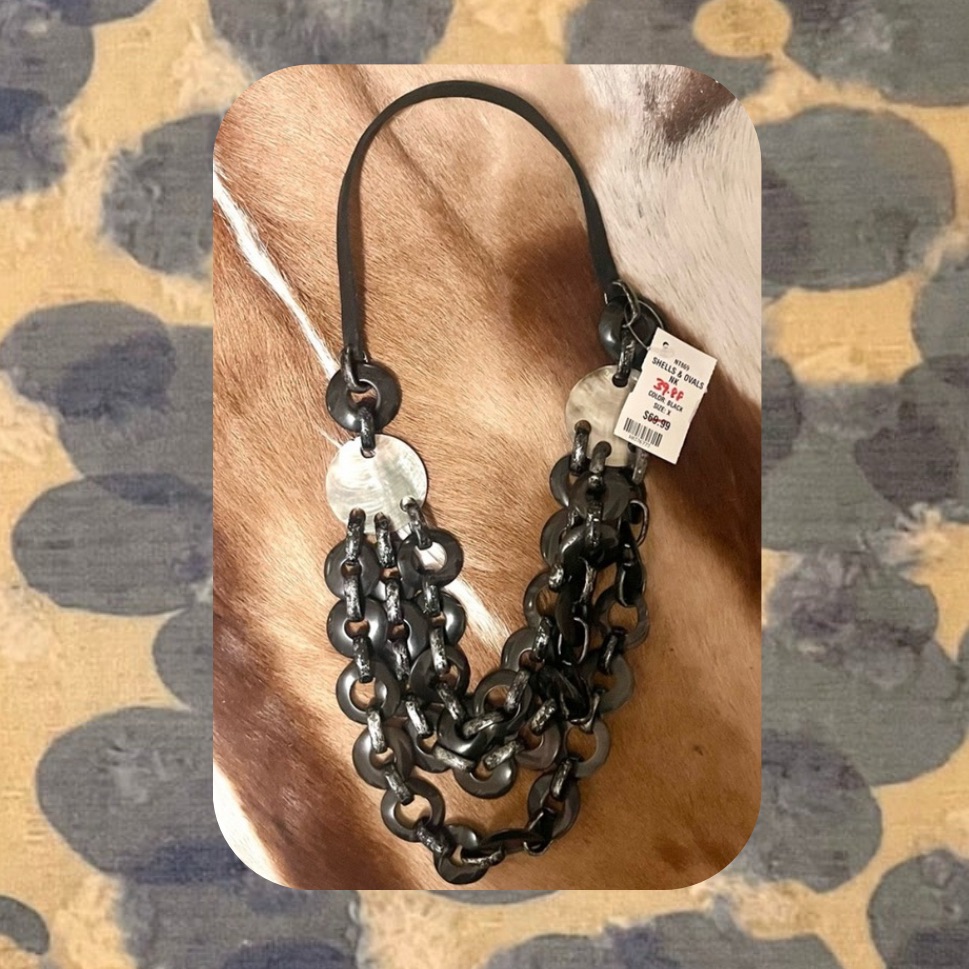 Metallic Silver  Black Triple Chunky Chain Link Suede Necklace
